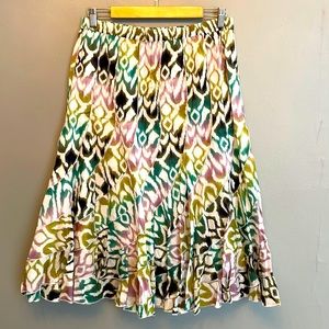 Fun tie dye printed a-line cotton skirt with ruffles and an elastic waist